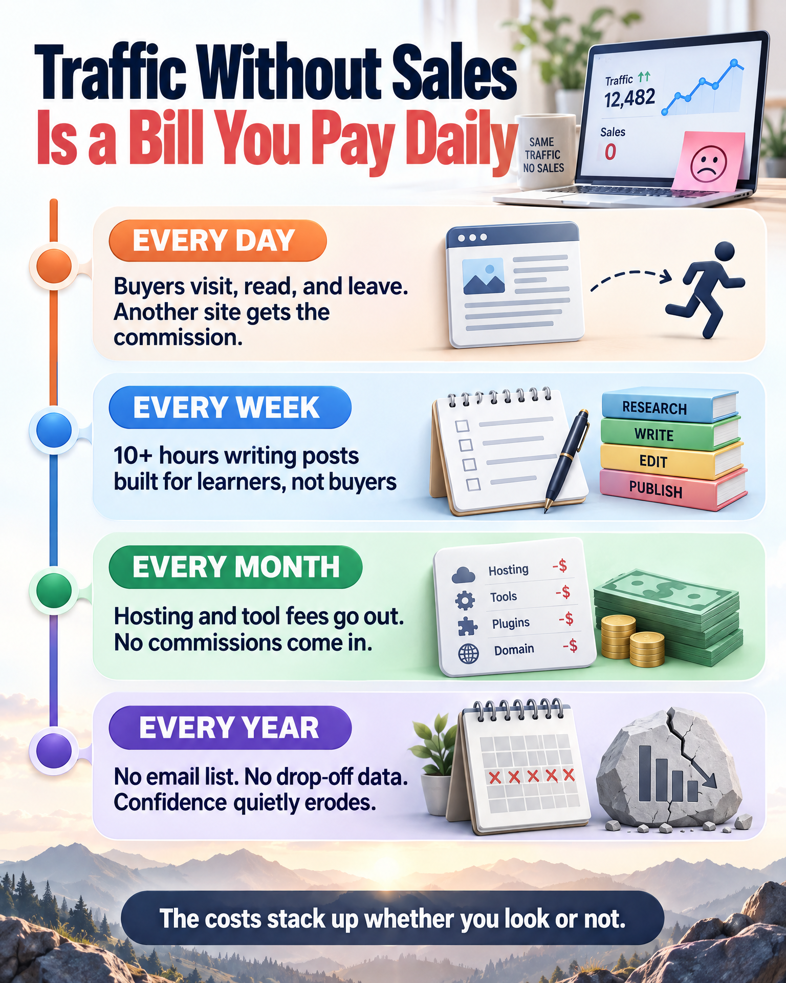 Timeline infographic: the daily, weekly, monthly, and yearly costs of blog traffic that never turns into affiliate sales