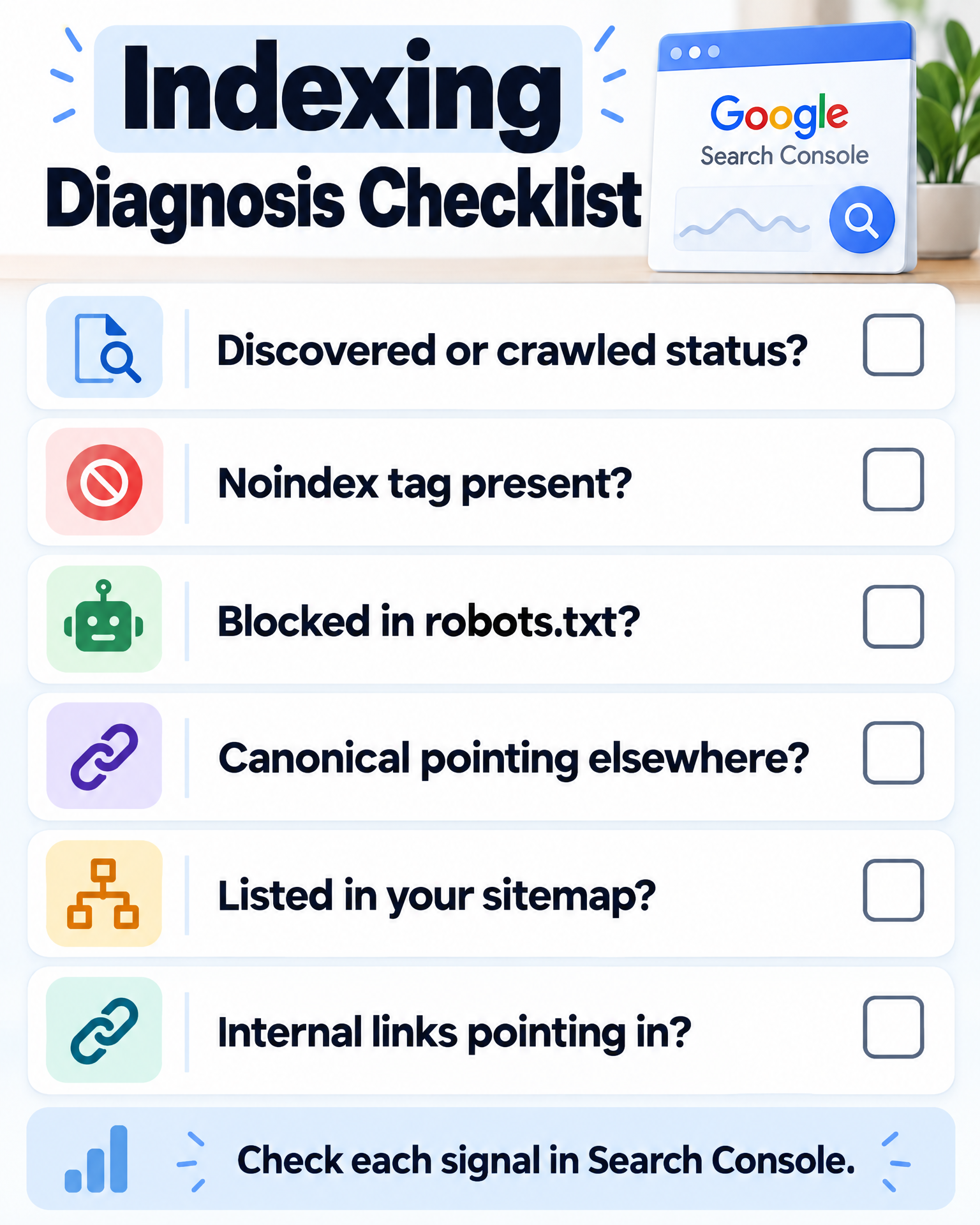 Checklist infographic: indexing diagnosis checklist — discovered or crawled status, noindex tag, robots.txt block, canonical, sitemap listing, and internal links to check in Search Console