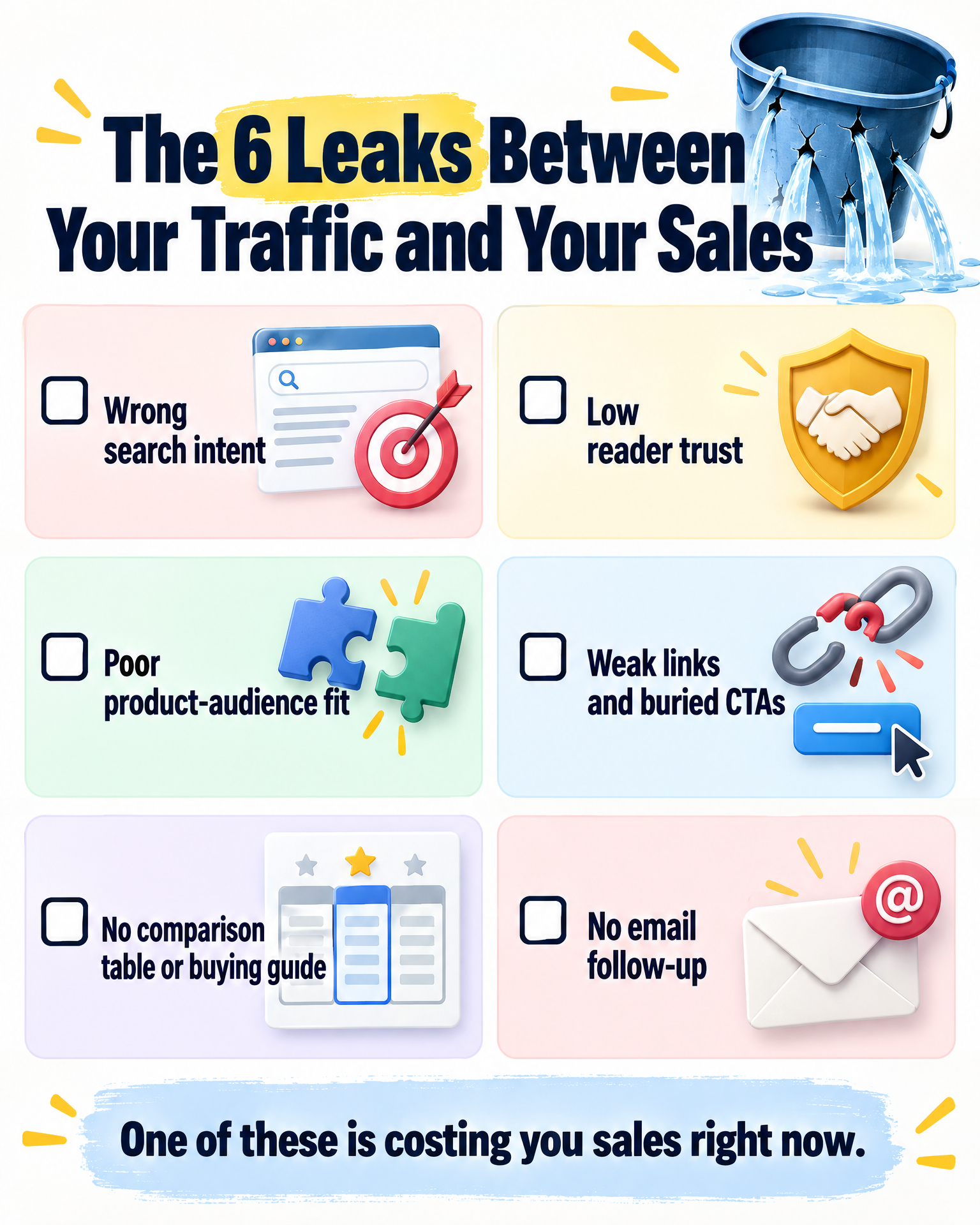Checklist infographic: the 6 leaks between your blog traffic and your affiliate sales