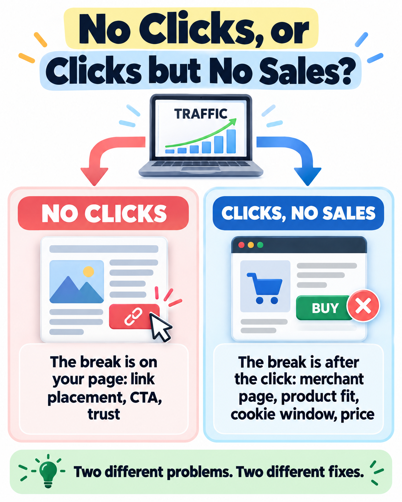 Flowchart infographic: no clicks means the break is on your page; clicks but no sales means the break is after the click