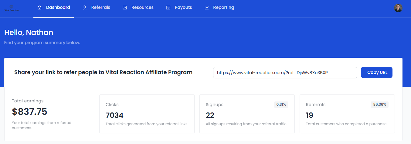 Vital Reaction affiliate dashboard showing $837.75 in tracked earnings, 7,034 clicks, 22 signups, and 19 referrals - commissions that were never paid