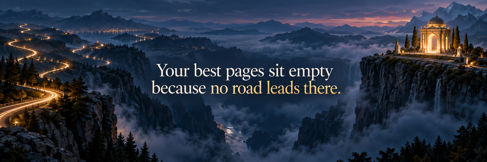 Blog banner with a lit winding road on one cliff and a glowing temple on a distant cliff, and the text: Your best pages sit empty because no road leads there.